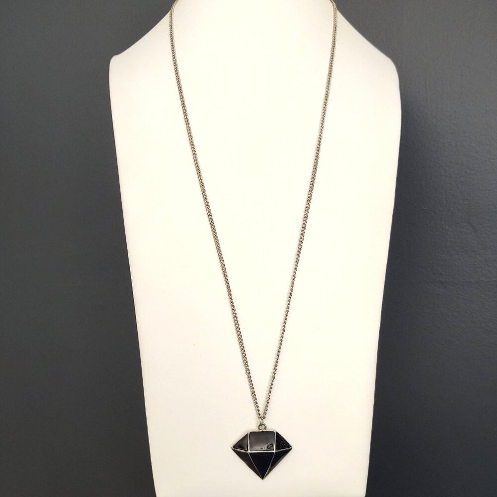 Black enamel with silver accent long pendant necklace